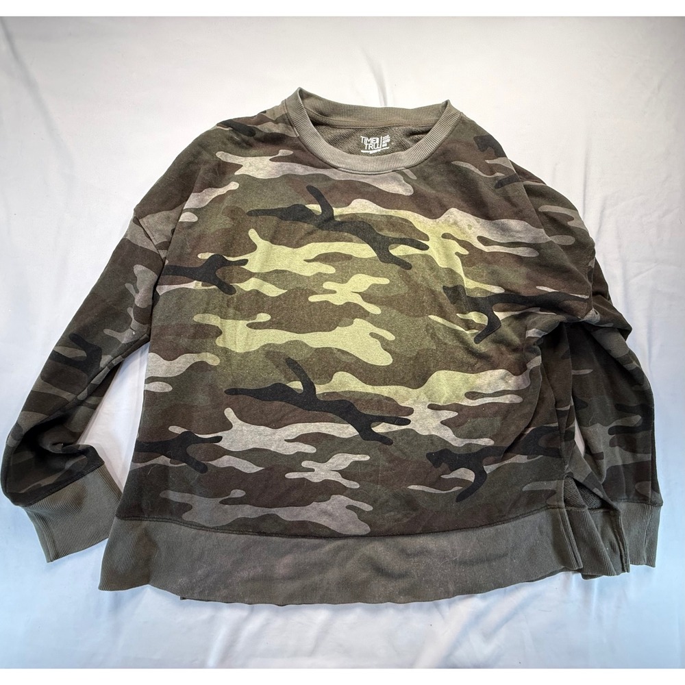 Time and Tru Womens Camo Sweatshirt XXL 20 Green Camouflage Pullover Crew Neck